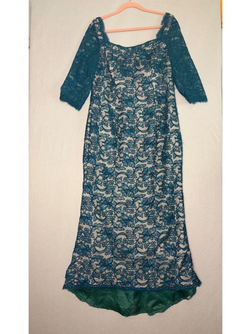 Unbranded Vintage Teal Floral Lace Evening Gown Size 12/14 With 3/4 Sleeves